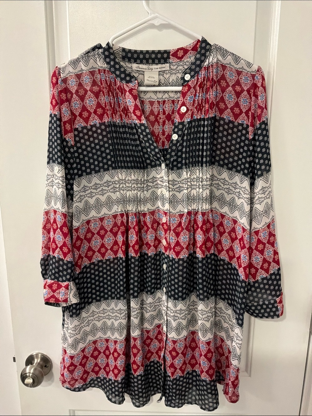 American Rag Red Navy White Patterned Sheer Button-Front Tunic